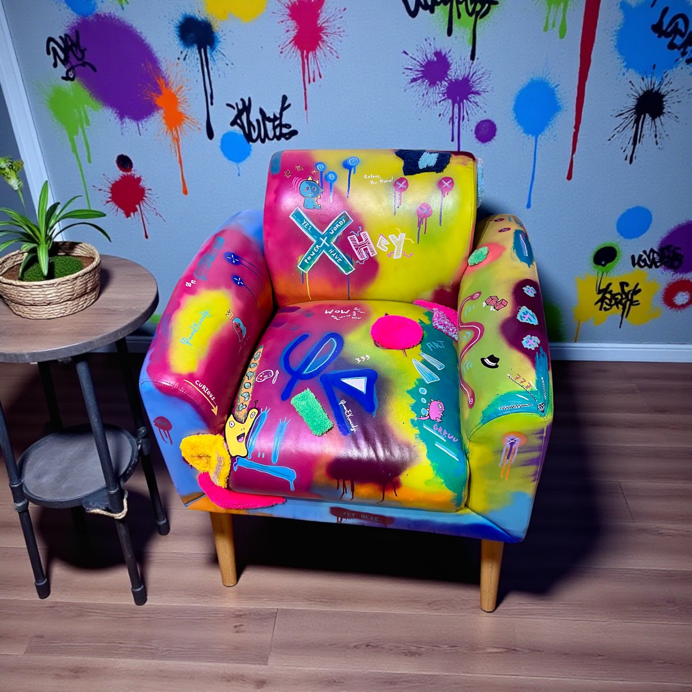 Neon Pop Graffiti Armchair – Hand-Painted Urban Art Furniture