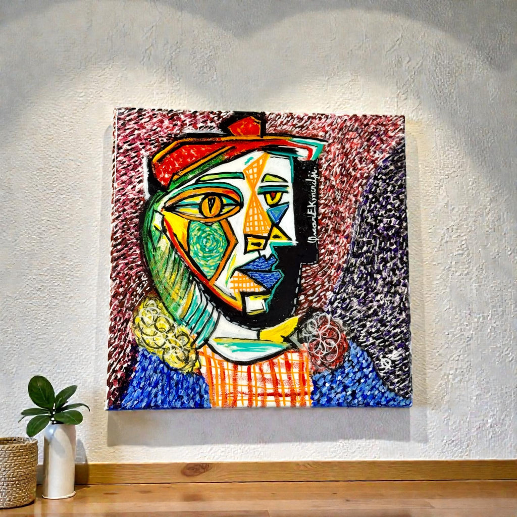 Cubist Woman in Red Beret – Colorful Abstract Portrait