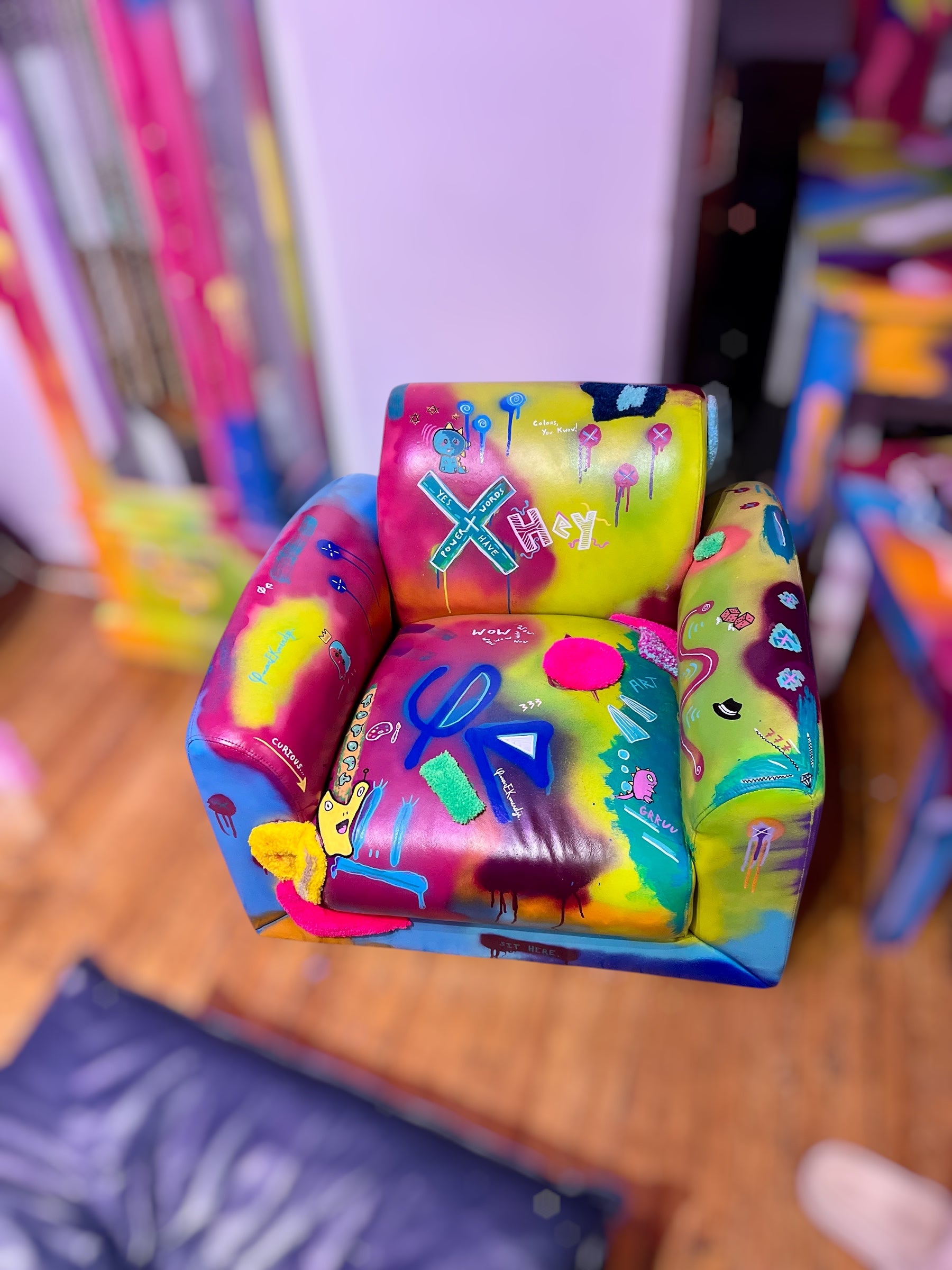 Neon Pop Graffiti Armchair – Hand-Painted Urban Art Furniture