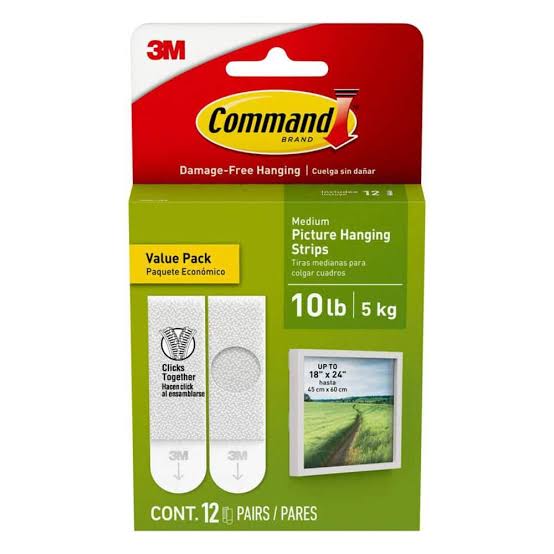 Tiras Adhesivas Command 3M Medianas para Cuadros – Soporta hasta 5.4kg (Pack de 12 Pares)